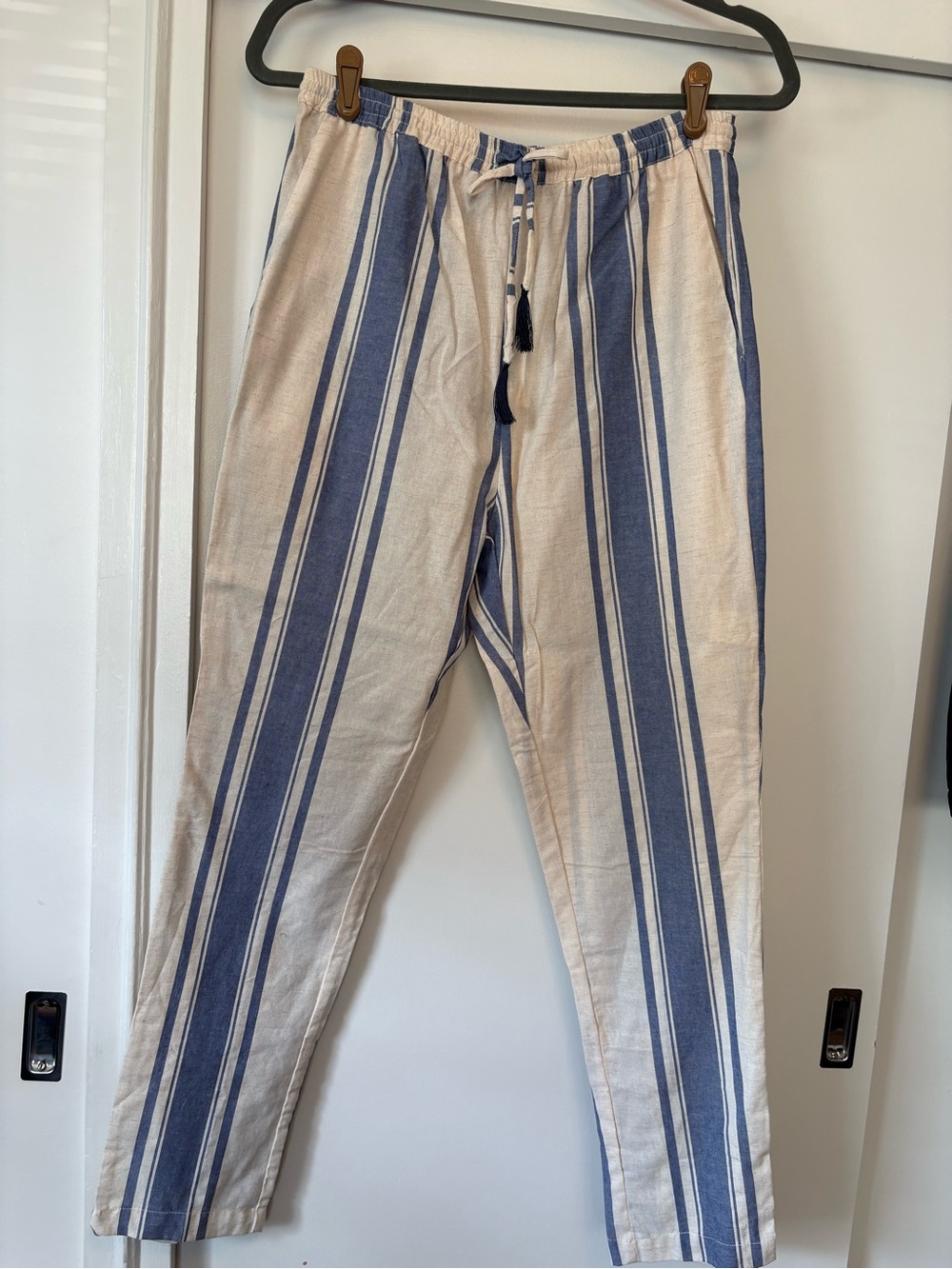 Natalie Martin Cream and Blue Striped Wide-Leg Pants